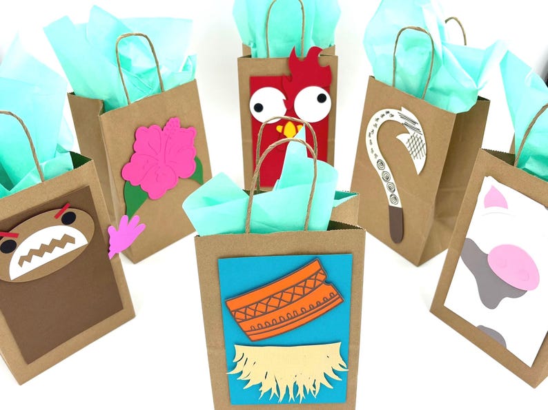 May include: A collection of brown paper gift bags with various colorful designs. Each bag features a different cutout, including a pink flower, a red character, and a white and brown hook. The bags are filled with light blue tissue paper.