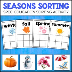 May include: A printable educational sorting activity for children featuring four cards with the words "winter", "autumn", "spring", and "summer" and a picture representing each season.  There are also four picture cards with a pumpkin, snowman, flowers, and an umbrella and beach chair.