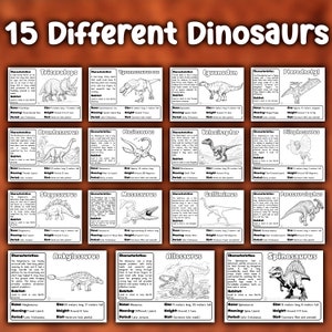 May include: Black and white illustration of 15 different dinosaurs with their names, characteristics, size, weight, diet, habitat, meaning, and period.  The dinosaurs include Triceratops, Tyrannosaurus Rex, Iguanodon, Pterodactyl, Brontosaurus, Plesiosaurus, Velociraptor, Dilophosaurus, Stegosaurus, Mosasaurus, Gallimimus, Parasaurolophus, Ankylosaurus, Allosaurus, and Spinosaurus.