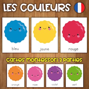 May include: A set of 7 colorful cards with a French flag in the top right corner. The cards feature a circle with a happy face in each color: blue, yellow, red, orange, pink, purple, and green. The text on the cards reads "Les Couleurs" and "Cartes Montessori 3 parties".