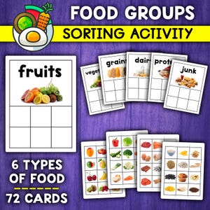 May include: A printable food sorting activity for children. The activity includes 6 types of food groups: fruits, vegetables, grains, dairy, protein, and junk food. There are 72 cards in total.