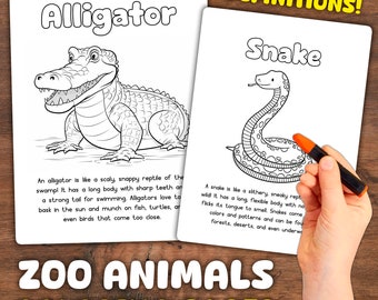 Zoo Animals Coloring Pages | WITH DEFINITIONS | Zoo Animals for Coloring Sheets | Printable Animals Coloring Activity