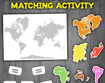 Kontinente & Ozeane Passende Aktivität | Weltkarte Aktivität | Geographie-Aktivität für Kinder | Montessori Aktivitäten zum Ausdrucken