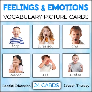 May include: Six picture cards with different facial expressions of children. The cards are labeled with the emotions: happy, surprised, angry, scared, sad, and excited. The cards are part of a set of 24 cards for special education and speech therapy.