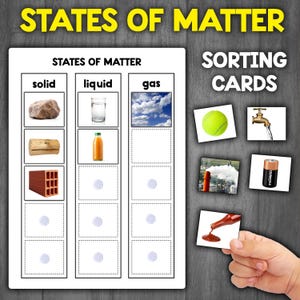 May include: A printable states of matter sorting activity with images of a rock, log, brick, glass of water, juice bottle, clouds, a tennis ball, a faucet with water flowing, a battery, and a bottle of hot sauce. The activity is designed for children to learn about the different states of matter.