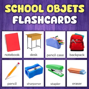 Tarjetas didácticas de vocabulario de objetos escolares, Tarjetas didácticas de vocabulario de objetos para el aula, IMÁGENES REALES, Tarjetas Montessori de 3 partes, Vocabulario escolar