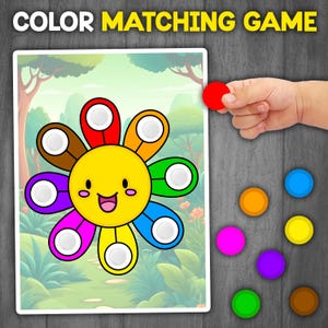 Puede incluir: Un juego de emparejamiento de colores con un sol de dibujos animados con una cara sonriente. El sol tiene ocho pétalos, cada uno de un color diferente: rojo, naranja, amarillo, verde, azul, morado, marrón y blanco. El juego incluye ocho círculos coloridos que deben emparejarse con los pétalos correspondientes del sol.