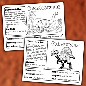 May include: Black and white line art illustrations of two dinosaurs, Brontosaurus and Spinosaurus. The illustrations include information about each dinosaur, such as their size, meaning, period, and habitat.