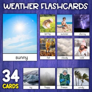 Flashcards de vocabulário sobre clima e estações | Imagens reais | Cartões Montessori de 3 partes | Aprendendo o clima