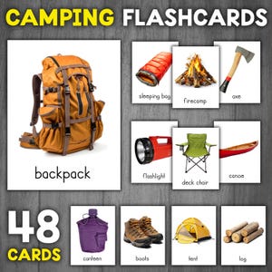 Tarjetas didácticas de vocabulario para acampar / Imágenes reales / Tarjetas Montessori de 3 partes para acampar / Tarjetas de nomenclatura