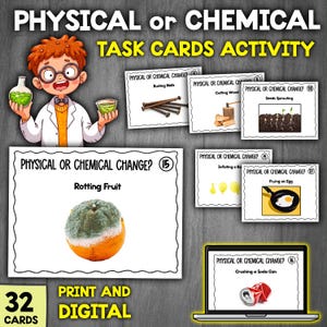 Tarjetas de tareas sobre cambios físicos y químicos de la materia / Actividad sobre propiedades de la materia / Estados de la materia