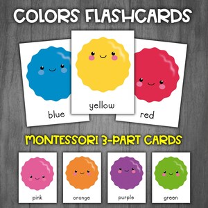 Flashcards de vocabulário de cores | Cores pré-escolares | Cartões Montessori de 3 partes | Cartões de Nomenclatura de Cores
