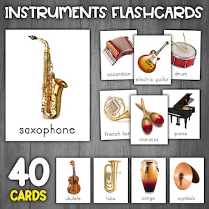 Tarjetas didácticas de vocabulario de instrumentos / Imágenes reales / Tarjetas Montessori de 3 partes / Tarjetas didácticas de instrumentos de orquesta / Vocabulario musical