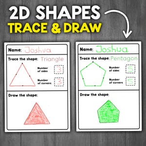 May include: A printable worksheet for kids to learn about 2D shapes. The worksheet has two sections, one for a triangle and one for a pentagon. Each section has a traced shape, a space to draw the shape, and boxes to count the number of sides and corners. The name "Joshua" is written at the top of each section.