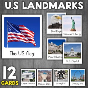 US Landmarks & Symbols Montessori 3-Part Cards Nomenclature Flash Cards