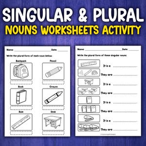 Peut inclure: Feuille de travail en noir et blanc avec des images de fournitures scolaires et des instructions pour écrire la forme plurielle de chaque nom. La feuille de travail comprend des images d'un sac à dos, d'un crayon, d'un livre, d'une craie, d'une règle et d'un bureau.