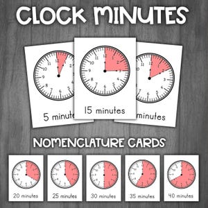 Numeri dei minuti dell'orologio / Carte della nomenclatura Montessori dell'ora / Flashcard dell'orologio /