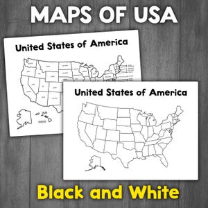 May include: Two black and white printable maps of the United States of America. The first map shows the states with their names labeled. The second map shows the states without names labeled. The maps are titled "United States of America".