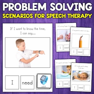以下が含まれることがあります： 音声療法のための印刷可能なカードのセット。カードには、子供たちが「必要です」と「欲しいです」というフレーズを使う練習をするためのさまざまなシナリオとプロンプトが記載されています。カードには、時計を見る少年、指を切る人、鉛筆、スープを食べる少年、寝る少年の画像が含まれています。