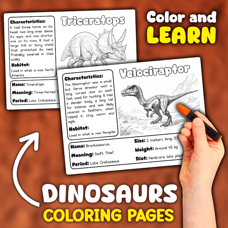 May include: Black and white coloring pages featuring illustrations of a Triceratops and a Velociraptor dinosaurs. The pages include information about each dinosaur, such as their name, meaning, period, habitat, size, weight, and diet. The text "Color and Learn" and "Dinosaurs Coloring Pages" is also included.