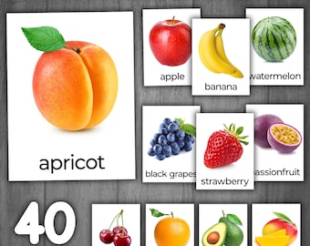 Fruit Flashcards | ECHTE FOTO'S | Fruits Montessori 3-DEEL-kaarten | Voedsel-flashcards | Afdrukbare flashcards voor kinderen en peuters