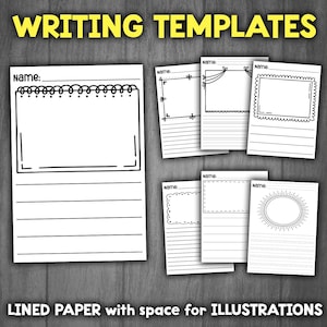 May include: Six printable writing templates with lined paper and space for illustrations. Each template has a different border design and the words "Name:" at the top.