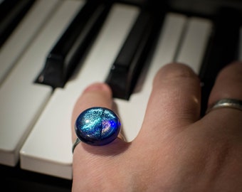 Fused Dichroic Glass Blue and Multi-Coloured Sparkle Ring