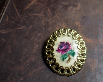 Petit Point Vintage Gold Brooch with Burgundy Rose