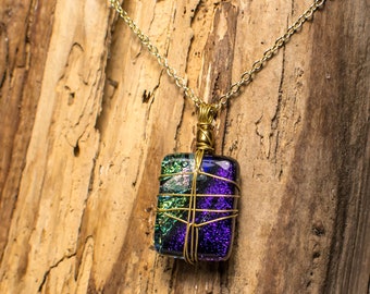 Fused Dichroic Glass Wire-Wrapped Pendant - Purple, Green and Gold Mosaic