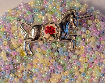 Petit Point Vintage Unicorn Pin with Red Rose (Silver or Gold)