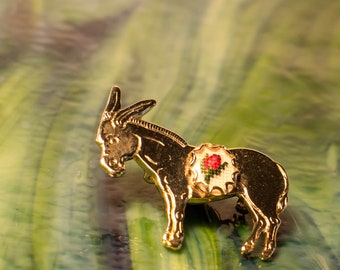 Petit Point Vintage Gold Donkey Pin with Red Rosebud