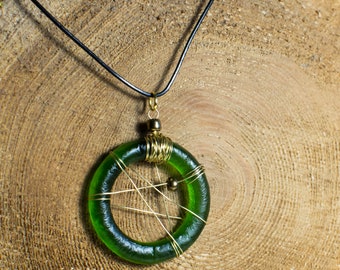Fused Recycled Green Bottle Glass Wire-Wrapped Pendant