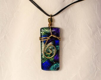Fused Dichroic Glass Wire-Wrapped Pendant - Purple, Green and Gold Mosaic with Spiral