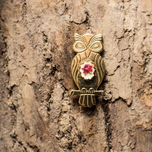 Petit Point Vintage Guldfärgad Klok Owl Pin med Röd Ros