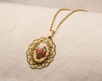 Petit Point Vintage Gold Filigree Pendant with Flower Basket