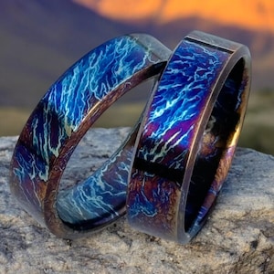 Handmade Colorful Titanium Rings: Heat Anodized Wedding Band Set