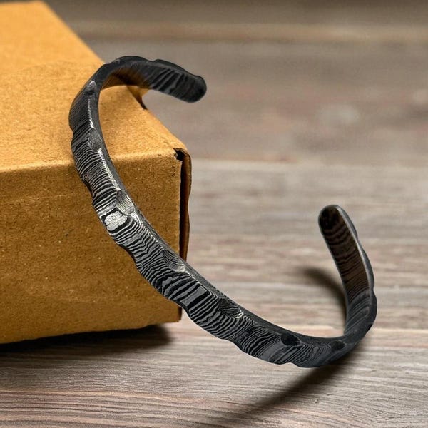Hand Forged Damascus Steel Bracelet Modern Viking Jewelry Hammered Bangle