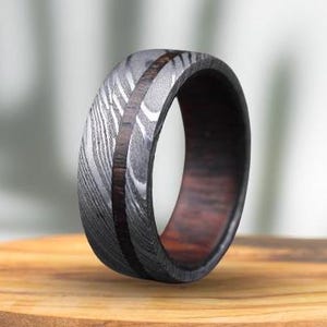 Damascus Wood Wedding Band Whiskey barrel Wood inlay Ring Damascus Steel Ring Handmade Ring Promise Ring Groomsmen Gift Anniversary Gift