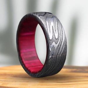 Handmade Damascus Steel Ring: Whiskey Barrel Wood Inlay Wedding Band