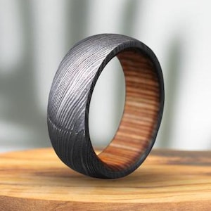 Handmade Damascus Whiskey Barrel Ring Damascus Wood Wedding Band Promise Ring Gift Men Engagement Ring Groomsmen Gift Unique wood inlay ring