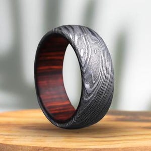Damascus Whiskey barrel Ring Handmade Wood Ring Unique Engagement Ring Damascus Steel Wood Wedding band Mens Promise Ring Groomsmen Gift