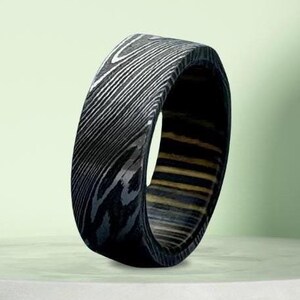 Damascus Ring Whiskey Barrel Ring Man wood Inlay Band Mens Promise Ring Damascus Wood Ring Unique Wedding Band Valentines Gift for Him