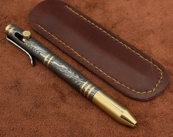 Handgemaakte damascus stalen bout actiepen gepersonaliseerde messing accent Damascus balpen