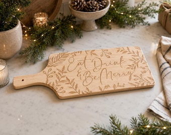 Tábua de charcutaria de bambu gravada, com a inscrição "Coma, beba e seja feliz", travessa festiva (42 cm)