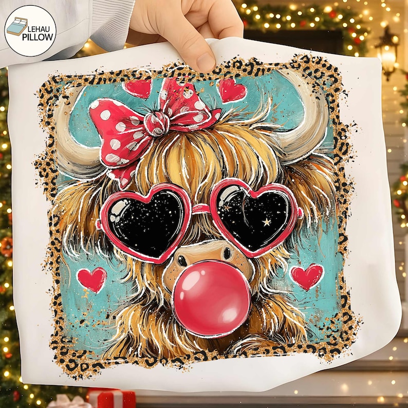 Peut inclure: Un coussin blanc avec une illustration fantaisiste d'une vache des Highlands. La vache porte des lunettes de soleil en forme de c&oelig;ur et un n&oelig;ud &agrave; pois. Elle a une bulle de chewing-gum et est entour&eacute;e de c&oelig;urs et d'une bordure l&eacute;opard.
