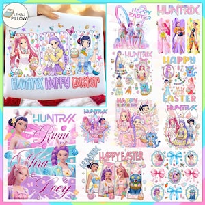 May include: A collection of colorful Easter-themed designs featuring anime-style characters, bunnies, and the text "Huntrix Happy Easter." The designs include various pastel colors and decorative elements, suitable for holiday-themed products.