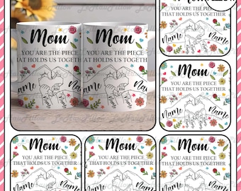 Anpassad muggomslag för upp till 6 barn som håller mammas hand, mall för mamma 30 cl mugg, kaffemuggar för mors dag png, blommig 30 cl mugg för mamma png