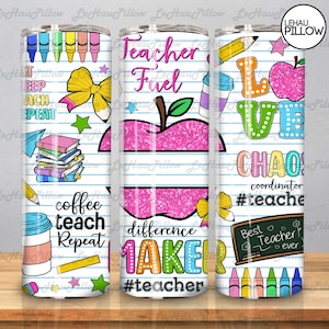 May include: Three stainless steel tumblers with a school theme. The tumblers feature colorful designs with text like "Teacher Fuel," "Love," and "Chaos Coordinator." The designs include apples, pencils, and crayons.