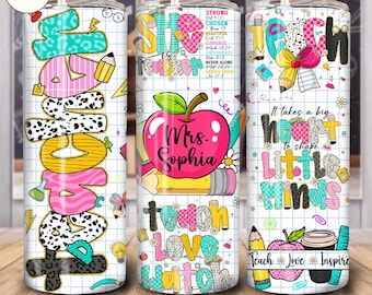 Personalized Teacher Tumbler Coquette Pencil Bow Design, 20oz Skinny Tumbler Teacher Png, Teacher Wrap, Teacher Life Png, Leopard, Checkered