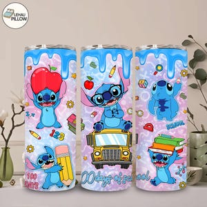 May include: Three stainless steel tumblers feature a blue cartoon character, Stitch, with school-themed graphics. The designs include apples, pencils, and a school bus, with the text "100 days" and "School". The tumblers have a blue and purple background.